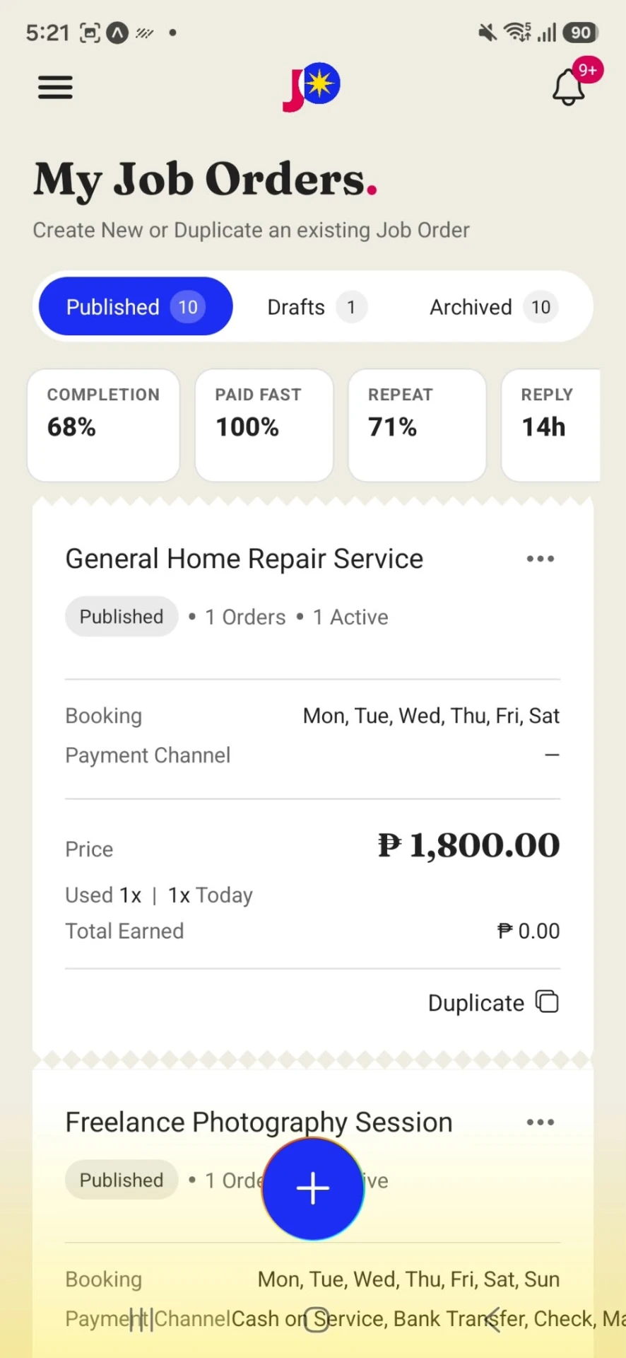 My Job Orders screen with completion, paid fast, repeat and reply figures above a list of active job orders
