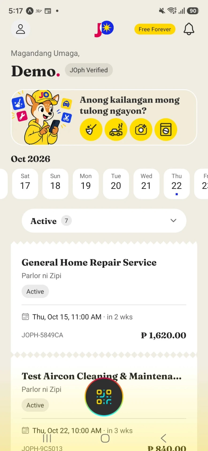 Customer schedule screen showing booked services and a booking calendar