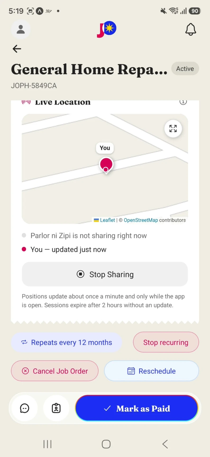 Live tracking screen showing the provider's location and arrival progress on the active job order